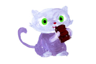 Cat Eating Chocolate Bar in Gouache Style
